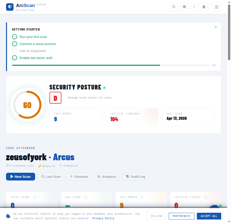ArcScan security dashboard — findings, compliance grade, and remediation queue